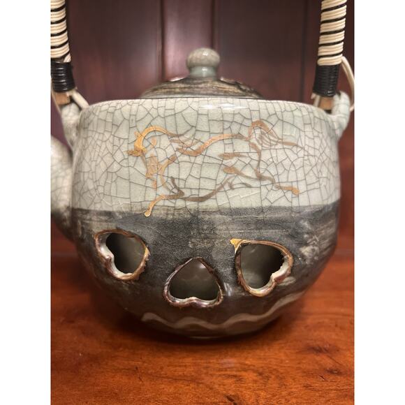 Otagiri Somaware Somayaki Gray-Green Heart Double Walled Tea Kettle 1940s - Picture 7 of 9